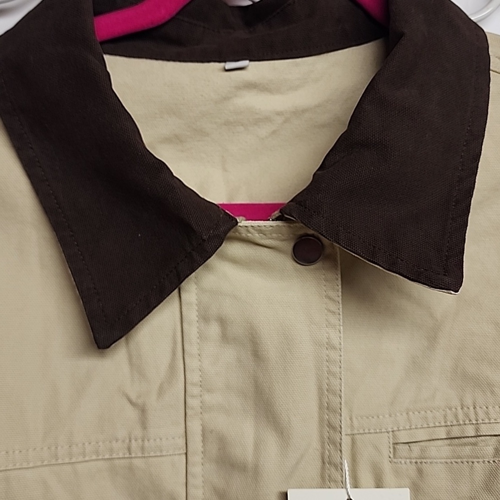 Megfie Light Tan With Dark Brown Collar Sz L Lightweight Barn Jacket Gorpcore - Picture 5 of 10